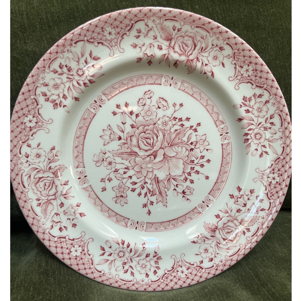 Vintage Set/6 Wood & Sons England Kew Pink Rose‎ 8" Salad Plates Ironstone